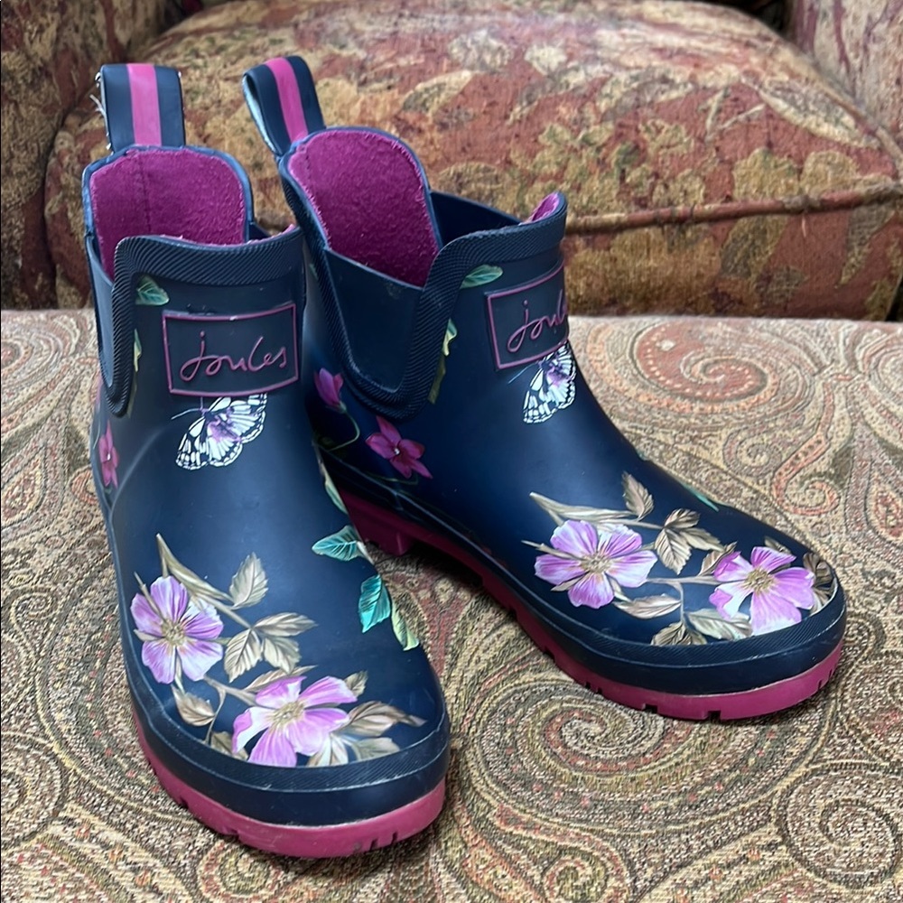 Joules Blue and Pink Winter Rain Boots Floral Design